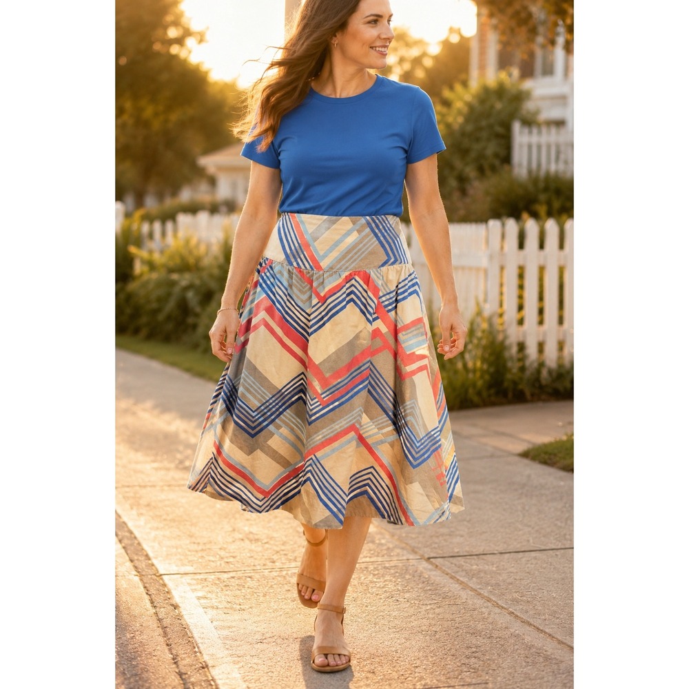 Merona Size 8 Cotton Geometric Chevron A-Line Skirt Coral Blue Retro Mod
